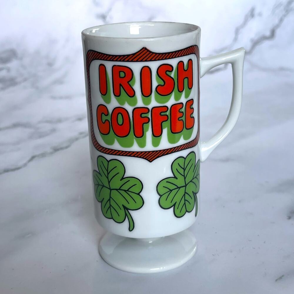 Vintage 1970s Irish Coffee Pedestal Mug Shamrocks Recipe Retro St Patrick’s Day